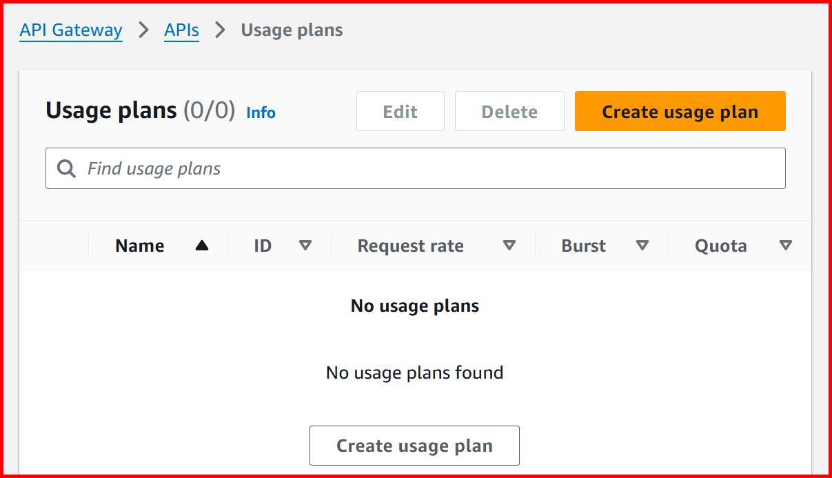 Picture showing the Create usage plan button for creating the new usage plan